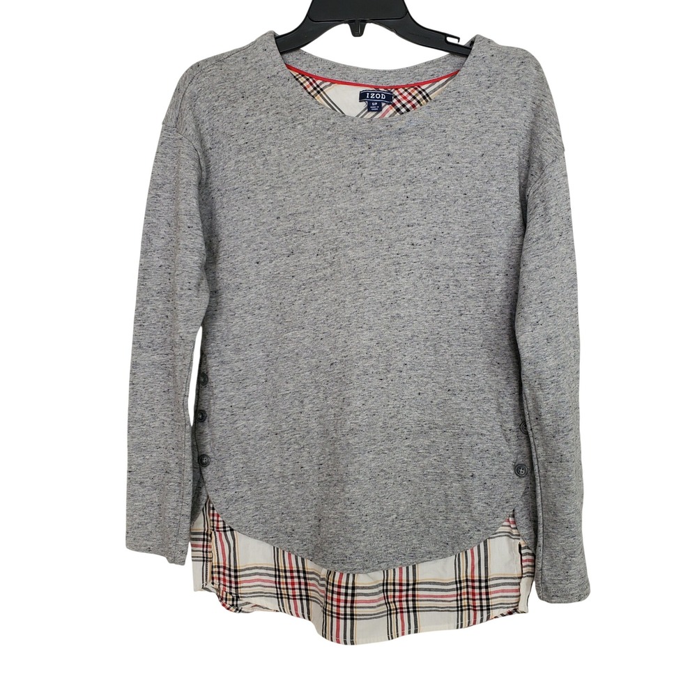 IZOD‎ Women Gray Speckled Crew Neck Long Sleeve Plaid Hem Button Detail Top S